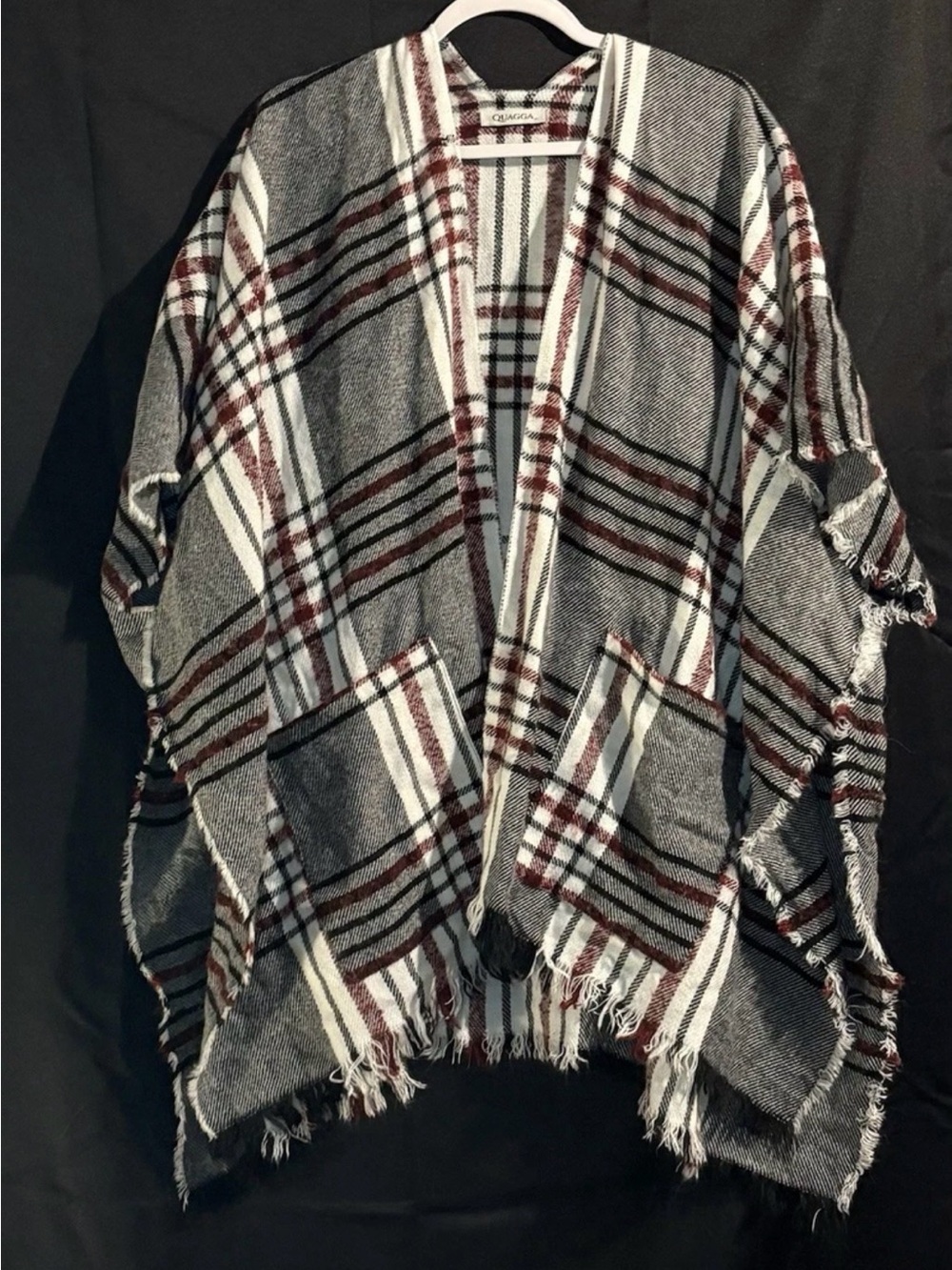Quagga Plaid Open-Front Cape Coatigan in Gray & Burgundy